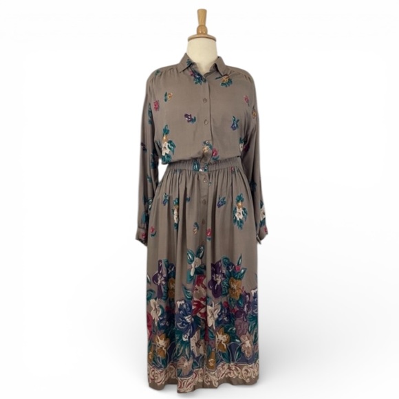 Vintage Dresses & Skirts - 90s Floral Shirt Dress Women’s 14‎ Vintage Long Sleeve A-Line Cottage Prairie